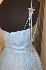 Elegant Spaghetti Straps A-Line Light Sky Blue Tulle Formal Dresses