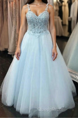 Elegant Spaghetti Straps Backless Long Blue Lace Evening Prom Dresses, Backless Blue Lace Formal Graduation Evening Dresses