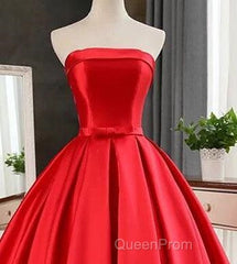 Elegant Strapless Ball Gown Red Evening Prom Dresses With Bow