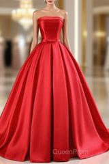 Elegant Strapless Ball Gown Red Evening Prom Dresses With Bow