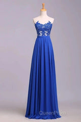 Elegant Strapless Chiffon Evening Lace Appliques Long Evening Prom Dresses Royal Blue