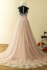 Elegant Tulle Lace Long Evening Prom Dresses, A-Line Scoop Neckline Evening Dresses