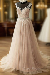 Elegant Tulle Lace Long Evening Prom Dresses, A-Line Scoop Neckline Evening Dresses