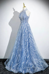 Elegant Tulle Sequins Floor Length Evening Prom Dresses, Blue Halter A-Line Evening Dresses