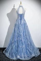 Elegant Tulle Sequins Floor Length Evening Prom Dresses, Blue Halter A-Line Evening Dresses