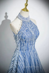 Elegant Tulle Sequins Floor Length Evening Prom Dresses, Blue Halter A-Line Evening Dresses