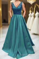 Elegant V Neck Green Lace Long Evening Prom Dresses, Green Lace Formal Graduation Evening Dresses