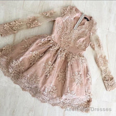 Elegant V Neck Long Sleeves Homecoming Dresses Lace Short Cocktail Dress