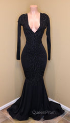 Elegant V-Neck Long Sleevess Appliques Sequins Mermaid Zipper Evening Prom Dresses