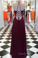 Elegant V Neck Open Back Burgundy Evening Prom Dresses, Open Back Burgundy Formal Dresses, Long Burgundy Evening Dresses