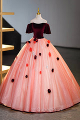 Elegant Velvet Tulle Long Evening Dresses, Burgundy Off the Shoulder Sweet Flower Party Dresses