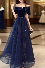 Elegant Velvet Tulle Long Formal Navy Blue Evening Prom Dresses,