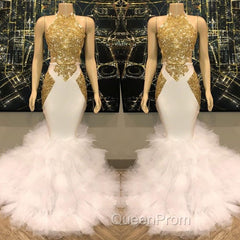 Elegant White And Gold Mermaid Evening Prom Dresses Sequins High Collar Chiffon Long