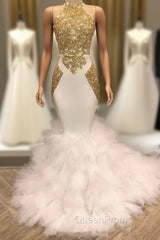 Elegant White And Gold Mermaid Evening Prom Dresses Sequins High Collar Chiffon Long