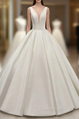 Elegant White Ball Gown Satin V-neck Backless Wedding Dresses