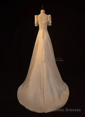 Elegant White Satin A-line Wedding Party Dress Long Prom Dress Evening Gown