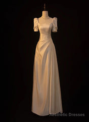 Elegant White Satin A-line Wedding Party Dress Long Prom Dress Evening Gown