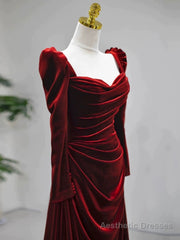 Elegant Wine Red Velvet Long Sleeves Formal Dress, Formal Wedding Party Dress