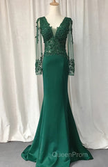 V-Neck Lace Top Mermaid Long Evening Prom Dresses
