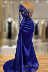Elgeant Royal Blue One Shoulder Mermaid Evening Prom Dresses with Sleeves