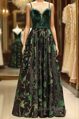 Embroidery Green Floral Long Evening Prom Evening Dresses