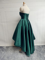 Emerald Green High Low Satin Evening Prom Dresses, Emerald Green High Low Formal Graduation Dresses
