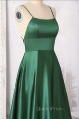 Emerald Green Evening Prom Dresses, Strappy Back Slit Simple Satin Evening Prom Dresses