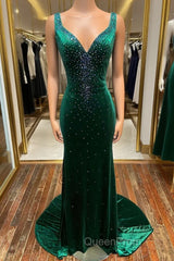 Emerald Velvet V-Neck Cutout Back Mermaid Long Formal Dresses