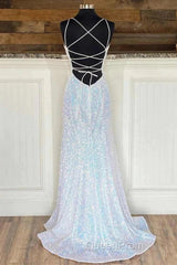 Empire Mermaid White Sequin V-Neck Evening Prom Dresses