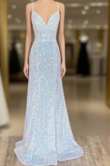 Empire Mermaid White Sequin V-Neck Evening Prom Dresses
