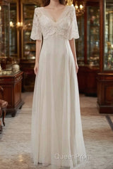 Empire Waist V-neck Tulle A-line Wedding Dresses