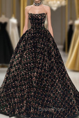 A Line Sparkly Sequin Long Evening Prom Dresses, Gorgeous Strapless Long Evening Dresses