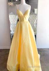 Yellow Satin Long Prom Dresses, A-Line Backless Evening Dresses