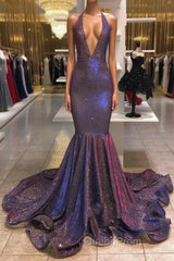 Chic Deep V-Neck Sleeveless Evening Prom Dresses New Arrival Halter Memaiad Sequins Evening Gowns