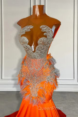 Orange Sleeveless Illusion Mermaid Evening Prom Dresses With Beadings and Feather