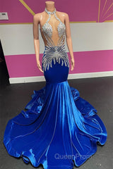 Royal Blue Halter Sleeveless Mermaid Evening Prom Dresses With Beadings Velvet