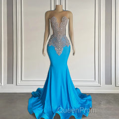 Ocean blue sleeveless mermaid Evening Prom Dresses with long beadings
