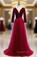 Fabulous Burgundy Tulle Velvet Long Sleeve V-neck Pleats Peom Dresses