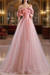 Fairy A Line Off The Shoulder Pink Tulle Evening Prom Dresses For Teens