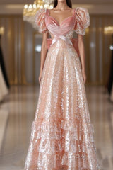 Fairy A Line Short Sleeves Sequin Long Evening Prom Dresses