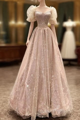 Fairy A Line Square Neckline Pink Tulle Evening Prom Dresses For Teens