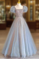 Fairy A Line Square Neckline Tulle Long Blue Evening Prom Dresses