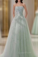 Fairy A Line Strapless Mint Green Long Tulle Evening Prom Dresses 22Th Birthday Outfit