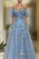 Fairy Blue Tulle Off Shoulder Lace Embroidery Dresses