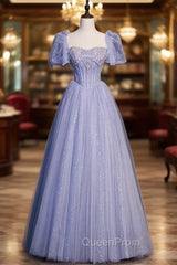 Fancy Blue Tulle Sequins Puff Sleeve Beading Evening Prom Dresses