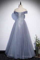 Fantasy Dusty Blue Bling Tulle Prom Dress Off Shoulder With Bling