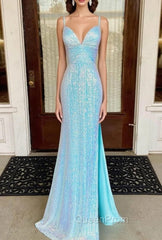 Fantasy Evening Prom Dresses, Sheath/Column V Neck Spaghetti Straps Sweep Train Sequined Evening Prom Dresses With Split