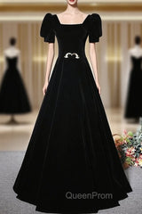Fashion Black Velvet Short Sleeve Square Neck Evening Prom Dresses