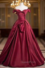 Fashion Burgundy Satin Pleats Evening Prom Dresses