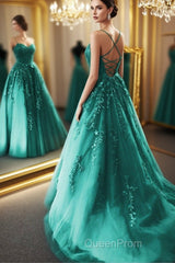 Fashion Green Lace Appliques Open Back Tulle Long Evening Prom Dresses, Green Lace Formal Dresses, Green Evening Dresses